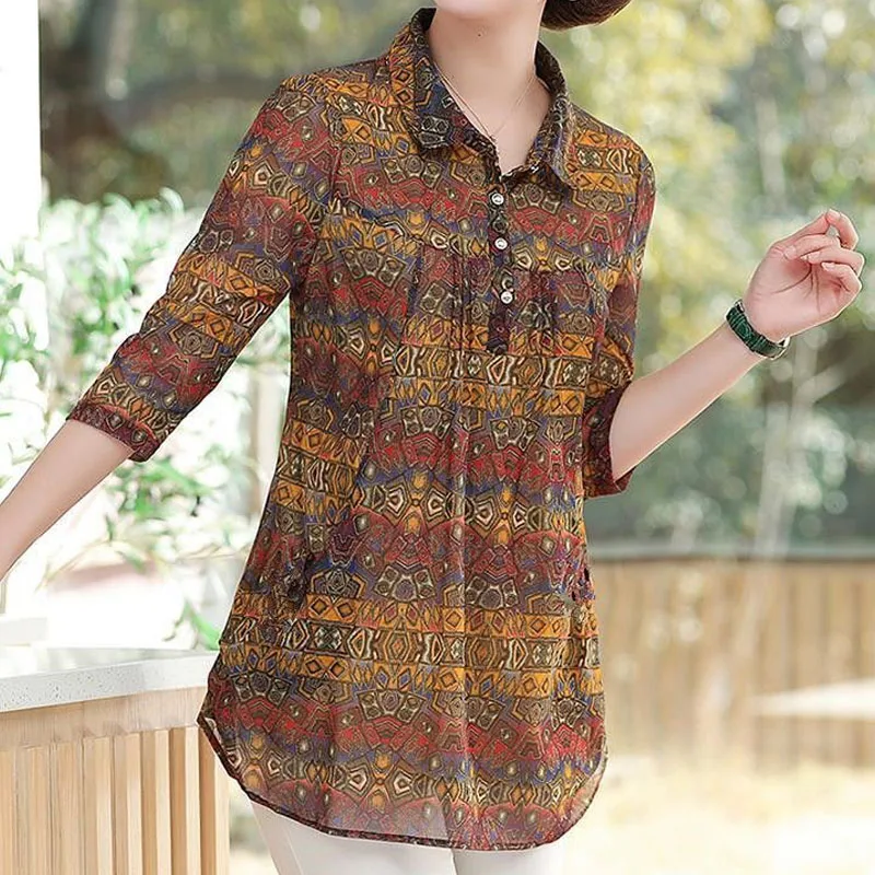 Women's Printed Fashion Turn-down Collar Chiffon Tops Summer Thin Elegant Vintage 3/4 Sleeve Casual T-shirt Female Clothing New
Women's Printed Fashion Turn-down Collar Chiffon Tops Summer Thin Elegant Vintage 3/4 Sleeve Casual T-shirt Female Clothing New