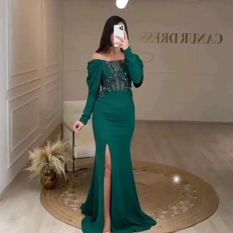 Green Prom Dresses Off the Shoulder Long Sleeved Satin Beading Sweetheart Formal Evening Party Dress Saudi Arabia Robes De Soiré
Green Prom Dresses Off the Shoulder Long Sleeved Satin Beading Sweetheart Formal Evening Party Dress Saudi Arabia Robes De Soiré