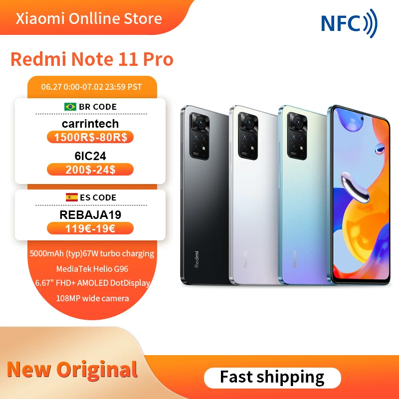 【11PRO60】Global NFC Original Xiaomi Smartphone 4G Redmi Note 11 Pro 64GB / 128GB 108mp camera, size 920 octal core, 67W, fast ch
【11PRO60】Global NFC Original Xiaomi Smartphone 4G Redmi Note 11 Pro 64GB / 128GB 108mp camera, size 920 octal core, 67W, fast ch
