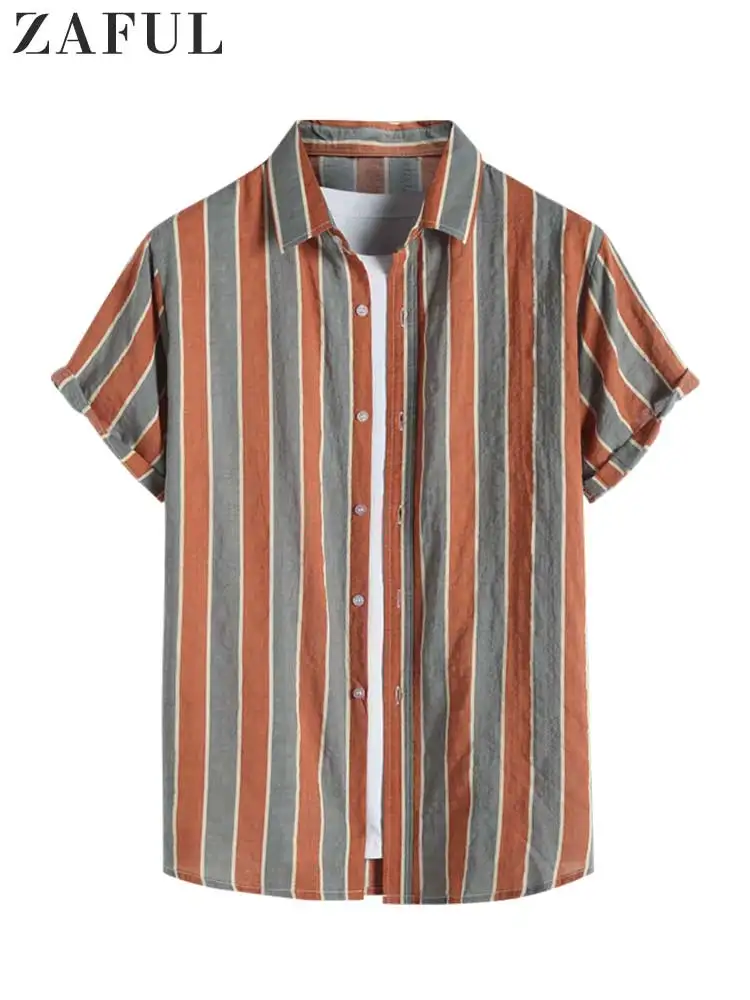 

ZAFUL Short Sleeves Men's Shirt Colorblock Striped Cotton Linen Textured Blouses Lapel Streetwear Shirts Button Tops Z5076327