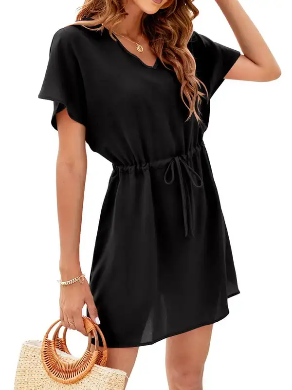 2023 Women`s Casual Swim Cover Up V-neck Short Sleeve Beachwear Floral Printed Bikini Beach Tunic Dress, Black, M 
2023 Women`s Casual Swim Cover Up V-neck Short Sleeve Beachwear Floral Printed Bikini Beach Tunic Dress, Black, M