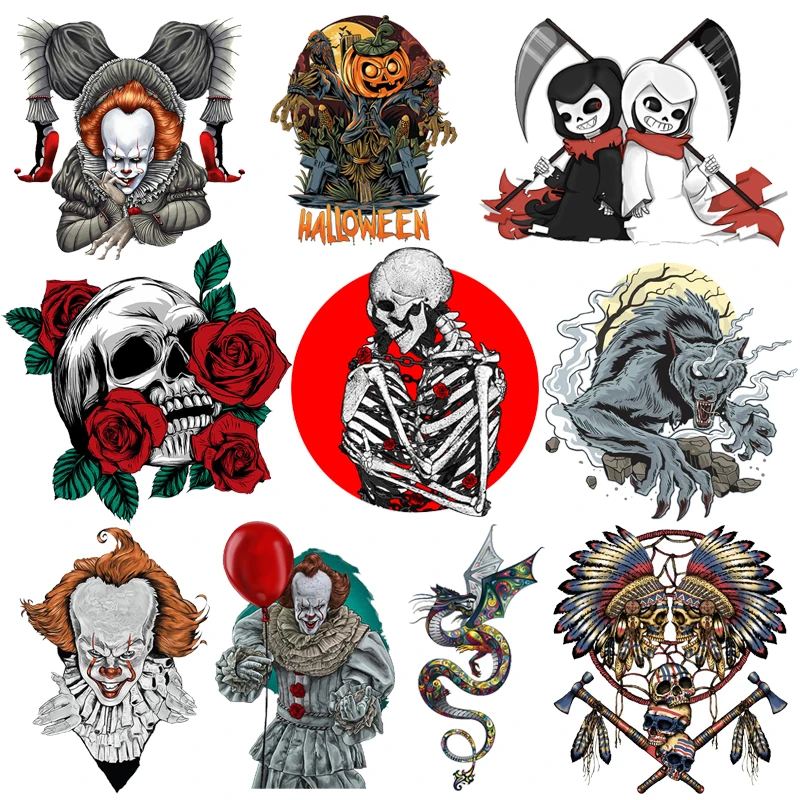 

Punk Patch Skull Thermo Patches On Clothes Horror Movie Thermal Applique For T-Shirt Stickers Iron On Transfer For Clothing DIY