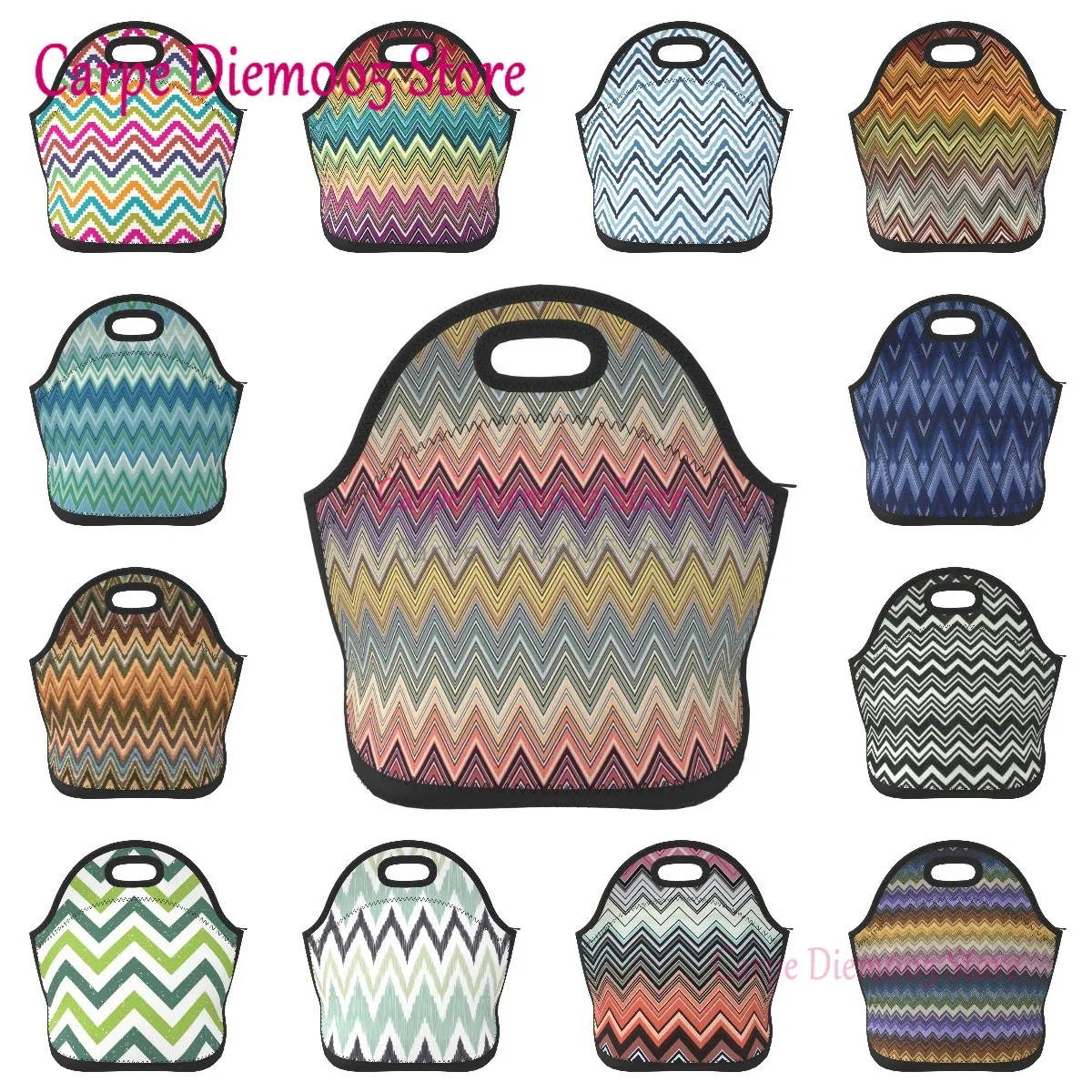 

Zigzag Lines,Soft Neoprene Lunch Tote Bag Tribal Zigzag Lightweight,Insulated and Reusable for Work/School/Travel/Picnic
