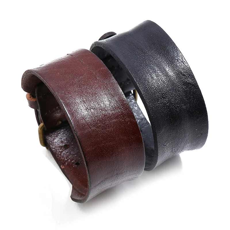 

Vintage Single Layer Cowhide Leather Wide Wristband Adjustable Cuff Bangles for Men Women Friendship Bracelets