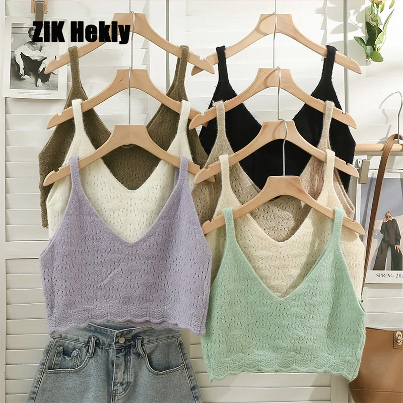 

Zik Hekiy Women Short Section Wave Edge Outside The Knitted Camisole Women New Solid Color Thin Section Small Undershirt Top