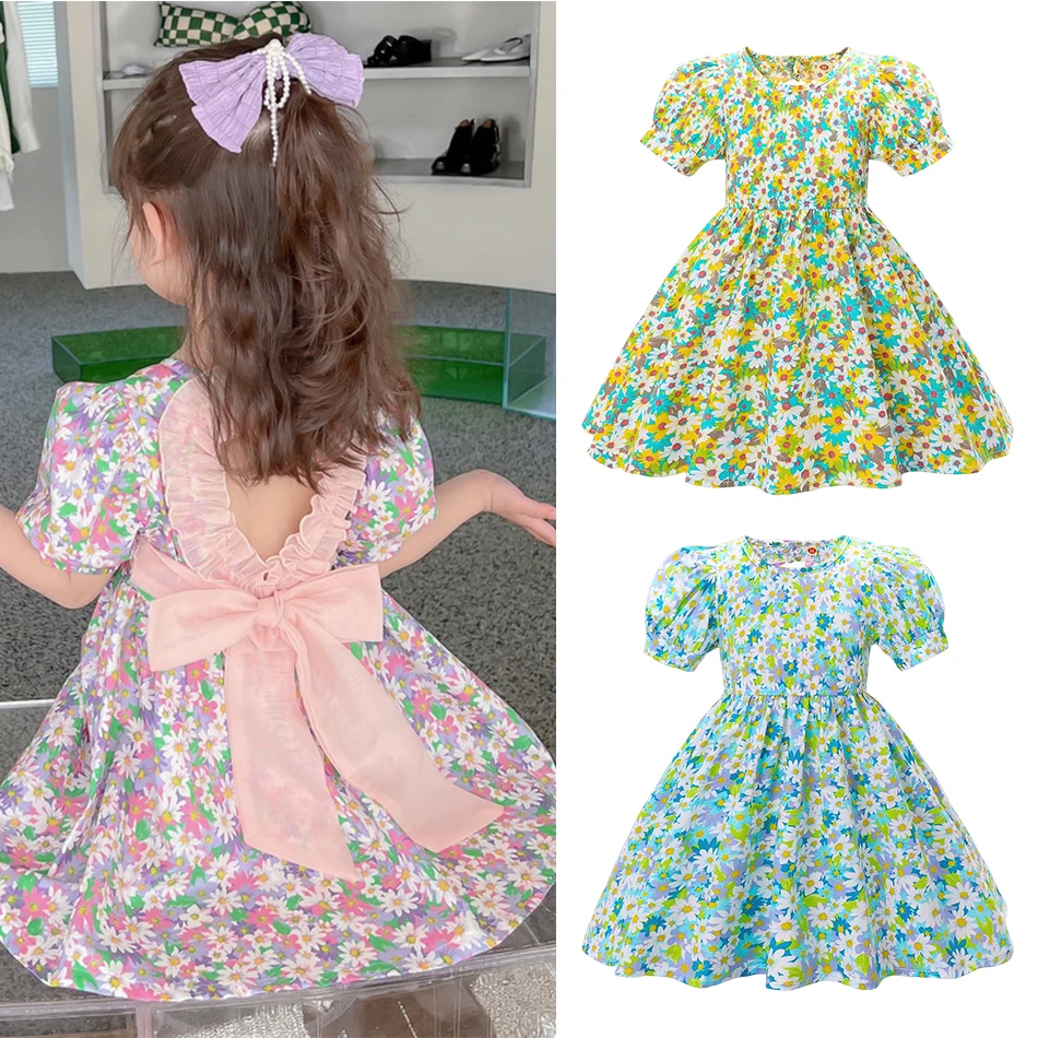 

2023 Girl Kids Dress Girl Dresses for Very Elegant Party Ruffled Floral Print Splice Belted Flutter-sleeve Dress Girl Clothing