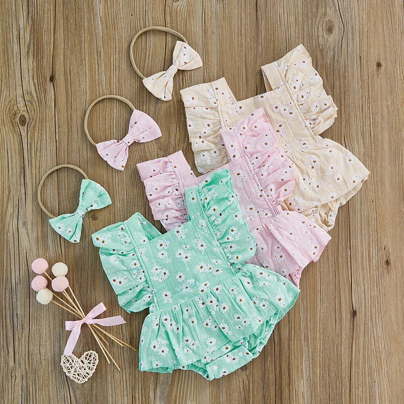 

Baby Girl Romper Headband Set Floral Square Neck Fly Sleeve Elastic Waist Crotch Snap Jumpsuit Bow Hairband Outfit