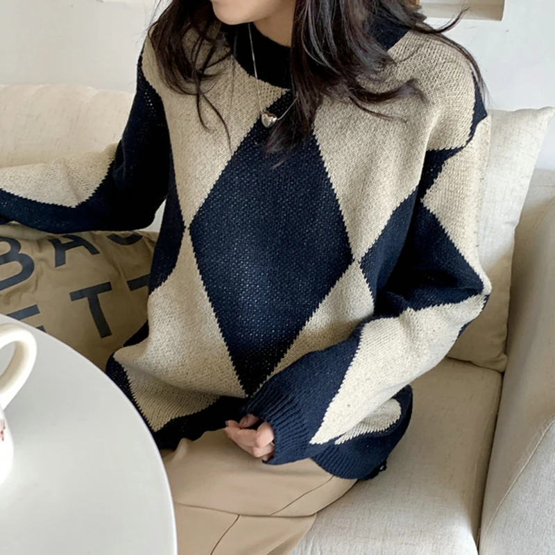 Fashion Vintage Plaid Argyle Sweater Women Autumn Winter Knit Pullovers Warm Loose Long Sleeve O-Neck Sweaters Pull Femme 23874
Fashion Vintage Plaid Argyle Sweater Women Autumn Winter Knit Pullovers Warm Loose Long Sleeve O-Neck Sweaters Pull Femme 23874