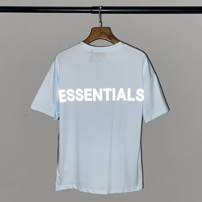 

2021 3M Reflective ESSENTIALS Sky Blue Print T-Shirts Men Women 100% Cotton Tee Hip Hop High Street Casual Oversize T Shirt FG