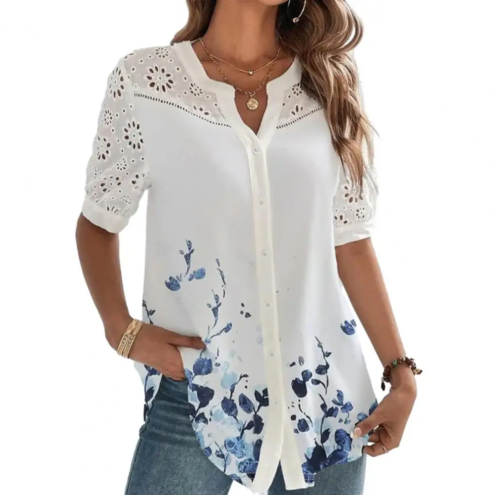 Women Top V Neck Flower Print Hollow Out Single-breasted Short Sleeve Loose Casual Breathable Mid Length Lady Summer Shirt 
Women Top V Neck Flower Print Hollow Out Single-breasted Short Sleeve Loose Casual Breathable Mid Length Lady Summer Shirt