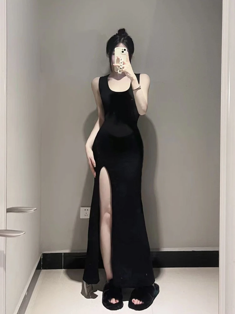 

Black Dress Women Spaghetti Straps Party Wear Hotsweet Club Style Fashion Korean Summer Inside Simple Side-slit Sheath Design