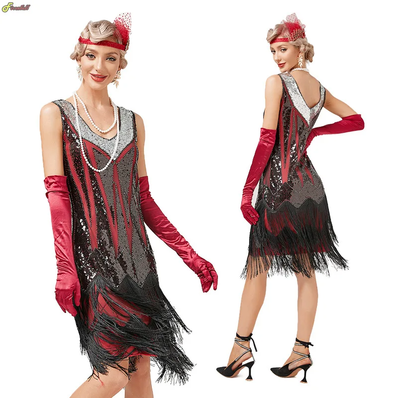 Vintage 1920s Flapper V-neck Double Tassel Dress Great Gatsby Cosplay Costume Cocktail Party Charleston Dance Sequin Stud Dress
Vintage 1920s Flapper V-neck Double Tassel Dress Great Gatsby Cosplay Costume Cocktail Party Charleston Dance Sequin Stud Dress