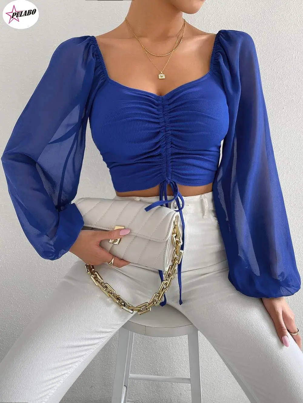 

Женский шифоновый укороченный топ на завязках, блузка с рукавами-фонариками и V-образным вырезом, облегающая пикантная рубашка в стиле High Street, Y2K, весна-лето