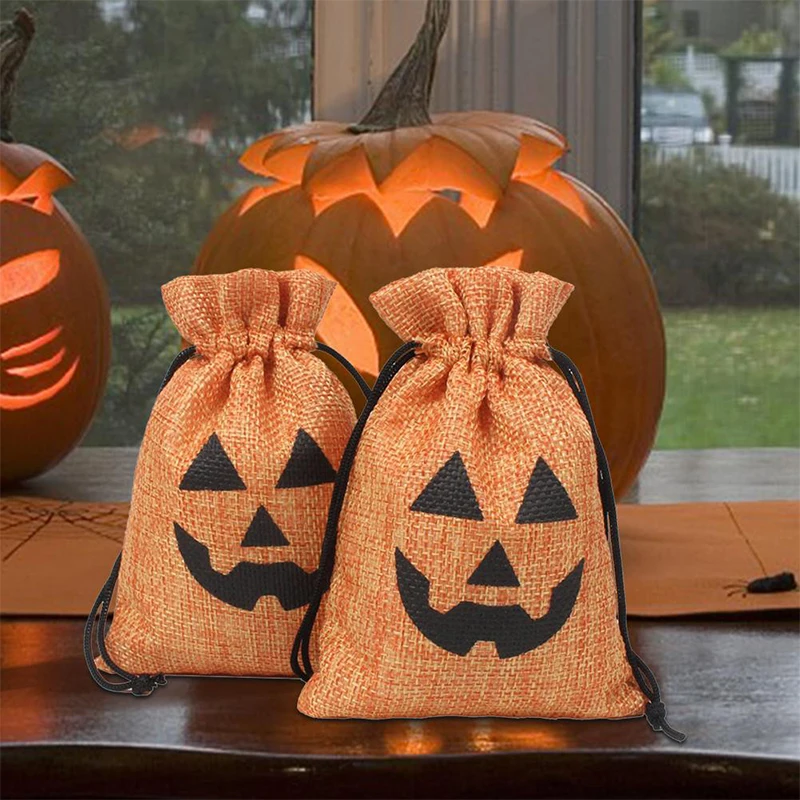 

5 шт./лот сумка для Хэллоуина, льняные пакеты для конфет на шнурке, пакеты для закусок с рисунком тыквы, печенья, упаковка для детского дня рож...