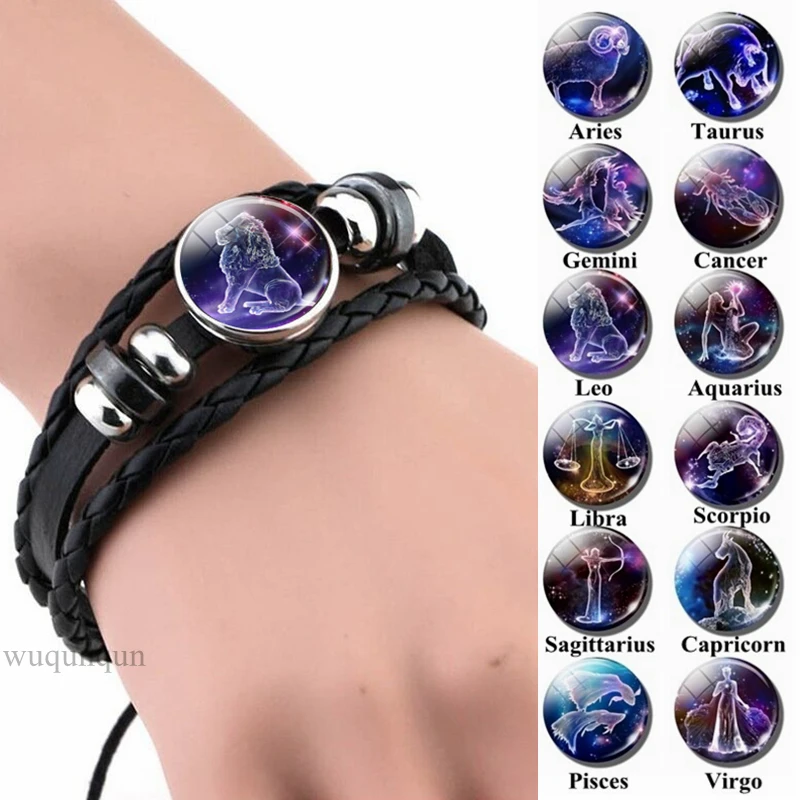12 Zodiac Signs Constellations Black Button Woven Leather Bracelet Glass Dome Jewelry Men Aries Libra Libra Leo Birthday Gift
12 Zodiac Signs Constellations Black Button Woven Leather Bracelet Glass Dome Jewelry Men Aries Libra Libra Leo Birthday Gift