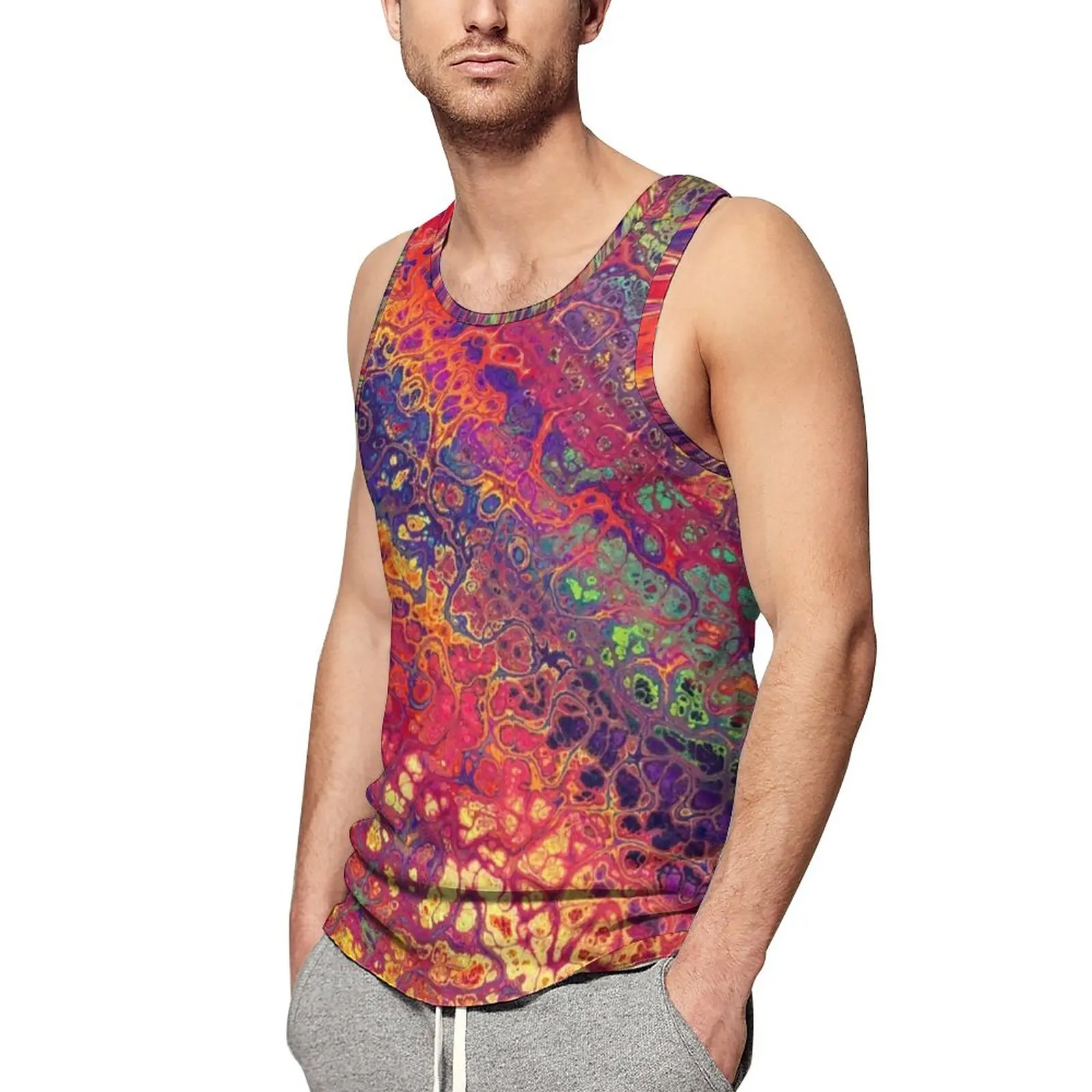 

Marble Paint Splatter Tank Top Male Trippy Rainbow Print Tops Beach Graphic Training Streetwear Oversized Sleeveless Shirts