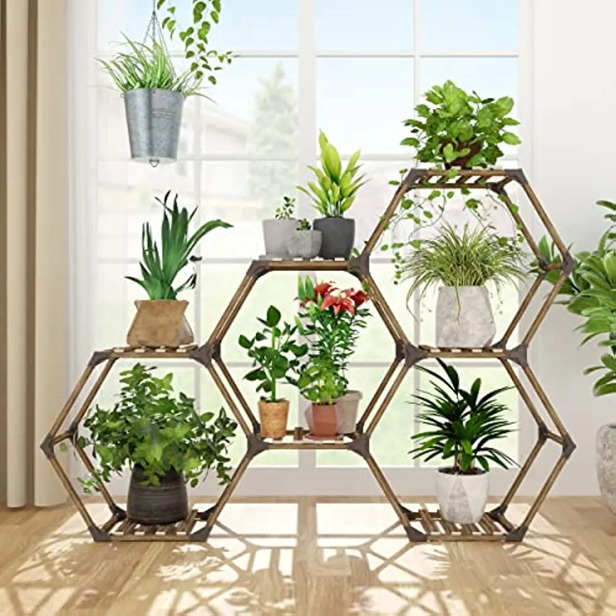 Hexagonal Plant Stand Indoor, Wood Outdoor Plant Shelf, 7 Potted Hex Plant Holder Transformable Plant Pot Stand for Corner
Hexagonal Plant Stand Indoor, Wood Outdoor Plant Shelf, 7 Potted Hex Plant Holder Transformable Plant Pot Stand for Corner