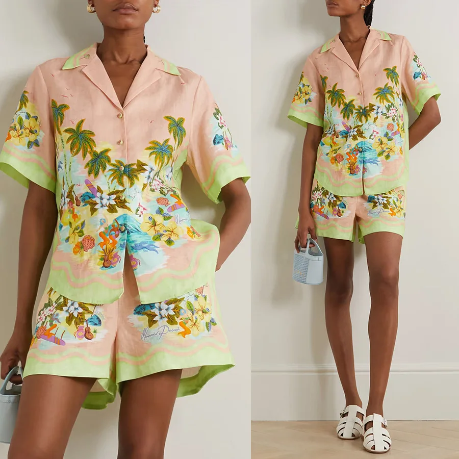 Women Summer Print Shirt Shorts Sets Loose Turn-down Collar Short Sleeve Single Breasted Top Female Suit Beach Two Piece Set
Women Summer Print Shirt Shorts Sets Loose Turn-down Collar Short Sleeve Single Breasted Top Female Suit Beach Two Piece Set