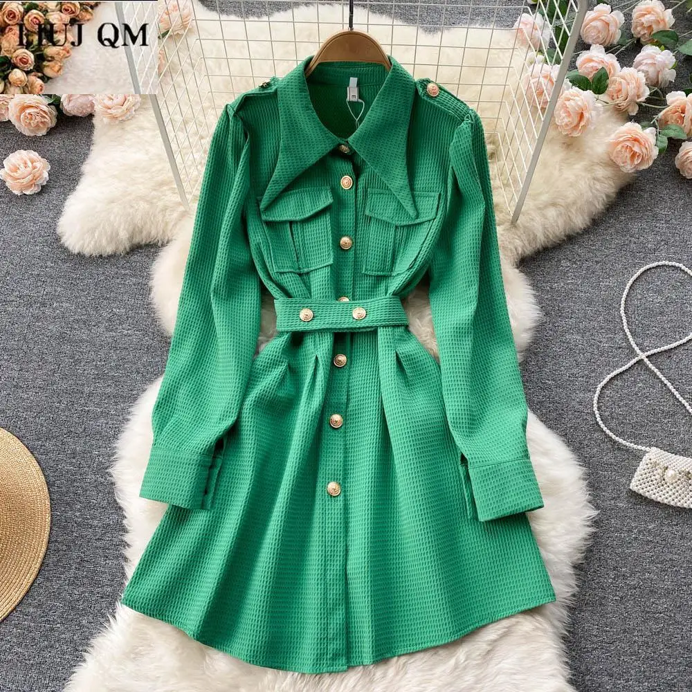 Women Dresses 2022 Spring Autumn Turn Down Collar Long Sleeve Pocket Solid Color Slim Single Breasted A-line Short Dress Korean
Women Dresses 2022 Spring Autumn Turn Down Collar Long Sleeve Pocket Solid Color Slim Single Breasted A-line Short Dress Korean