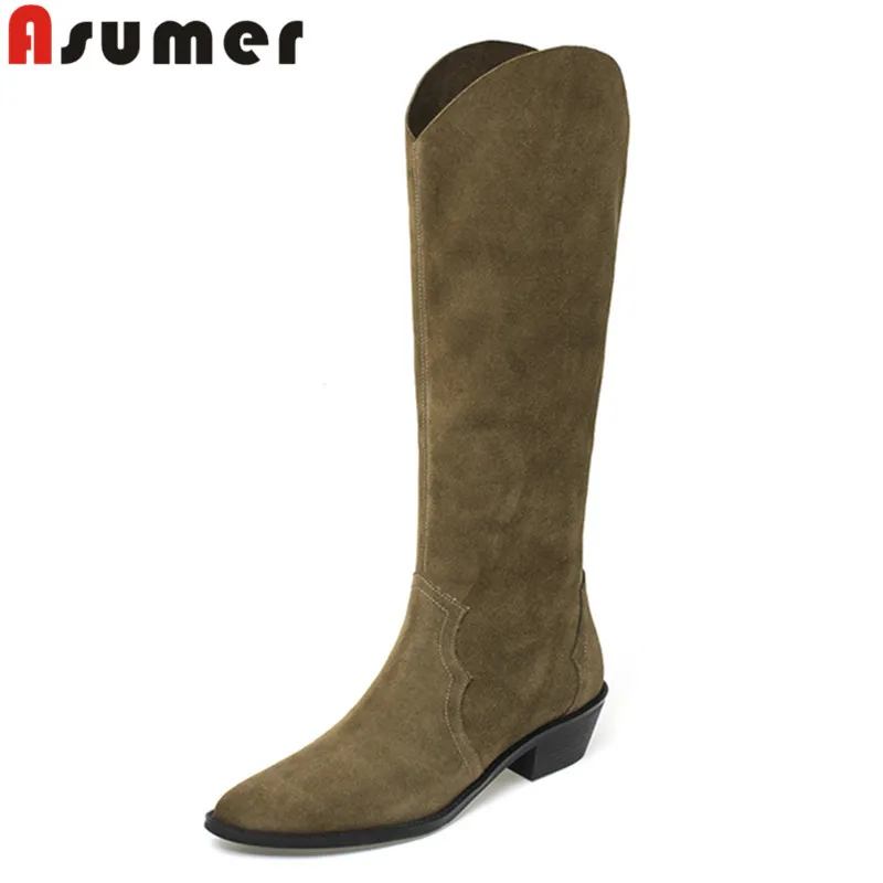 Женские замшевые сапоги в западном стиле ASUMER, зимние сапоги до колена без застежек, обувь на толстом среднем каблуке, новинка 2023
Женские замшевые сапоги в западном стиле ASUMER, зимние сапоги до колена без застежек, обувь на толстом среднем каблуке, новинка 2023