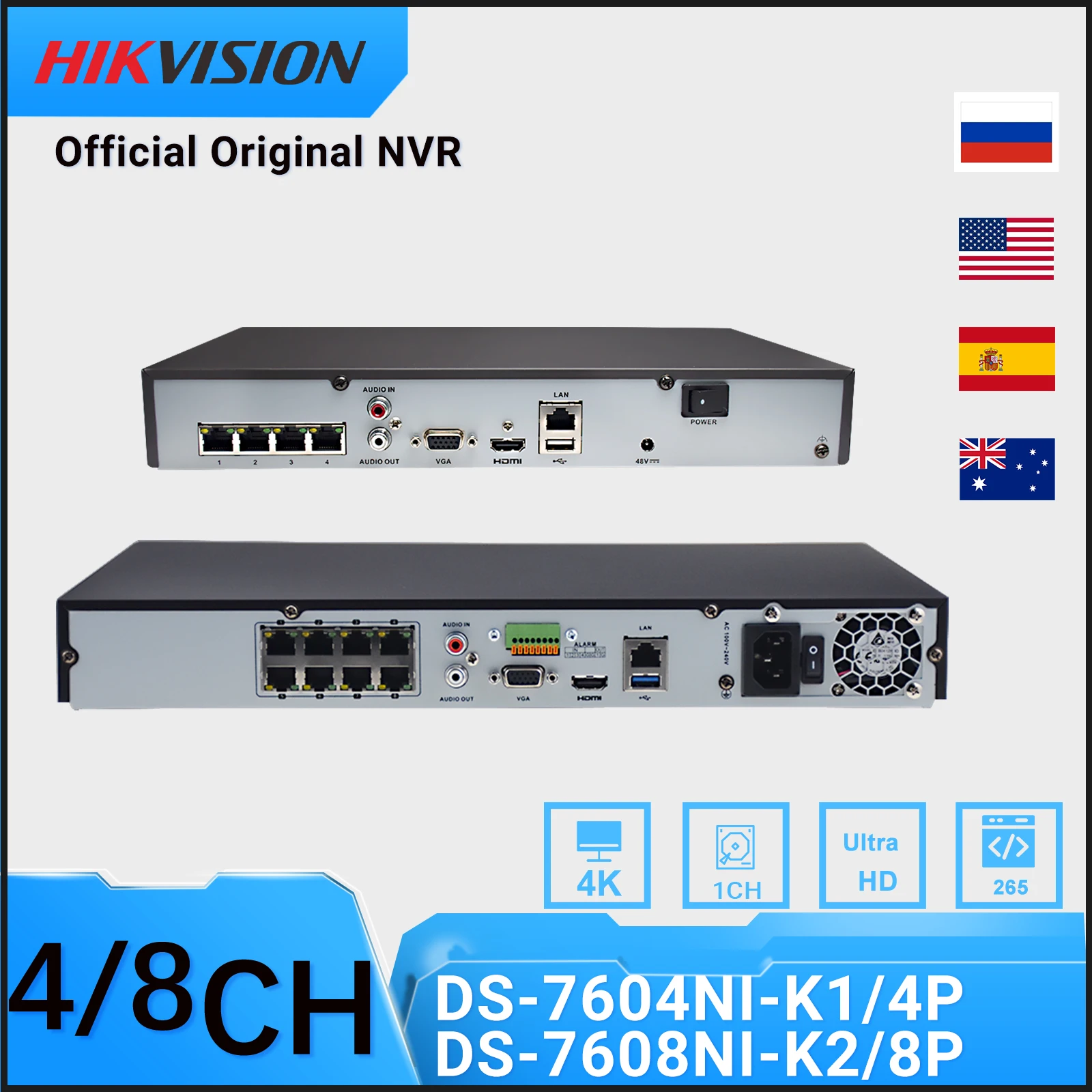 

Hikvision 4CH DS-7604NI-K1/4P 8CH DS-7608NI-K2/8P 4K PoE NVR H.265+ Home Security Protection Surveillance Network Video Recorder