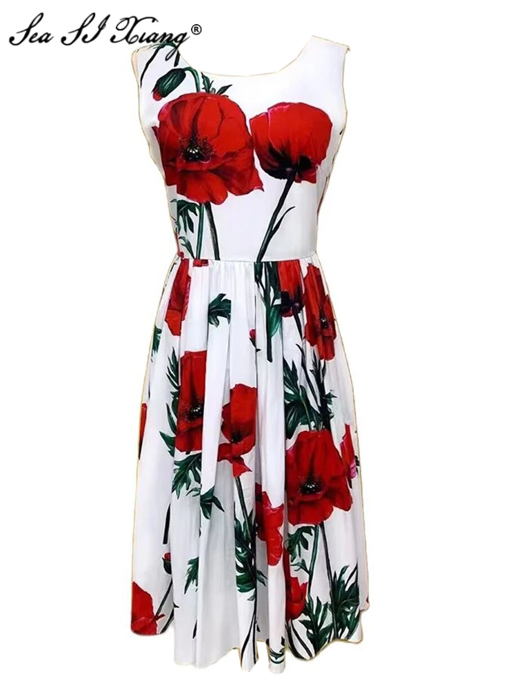 Seasixiang Fashion Designer Spring Summer Cotton Dress Women O-Neck Sleeveless Flower Print Vacation Midi Dresses
Seasixiang Fashion Designer Spring Summer Cotton Dress Women O-Neck Sleeveless Flower Print Vacation Midi Dresses