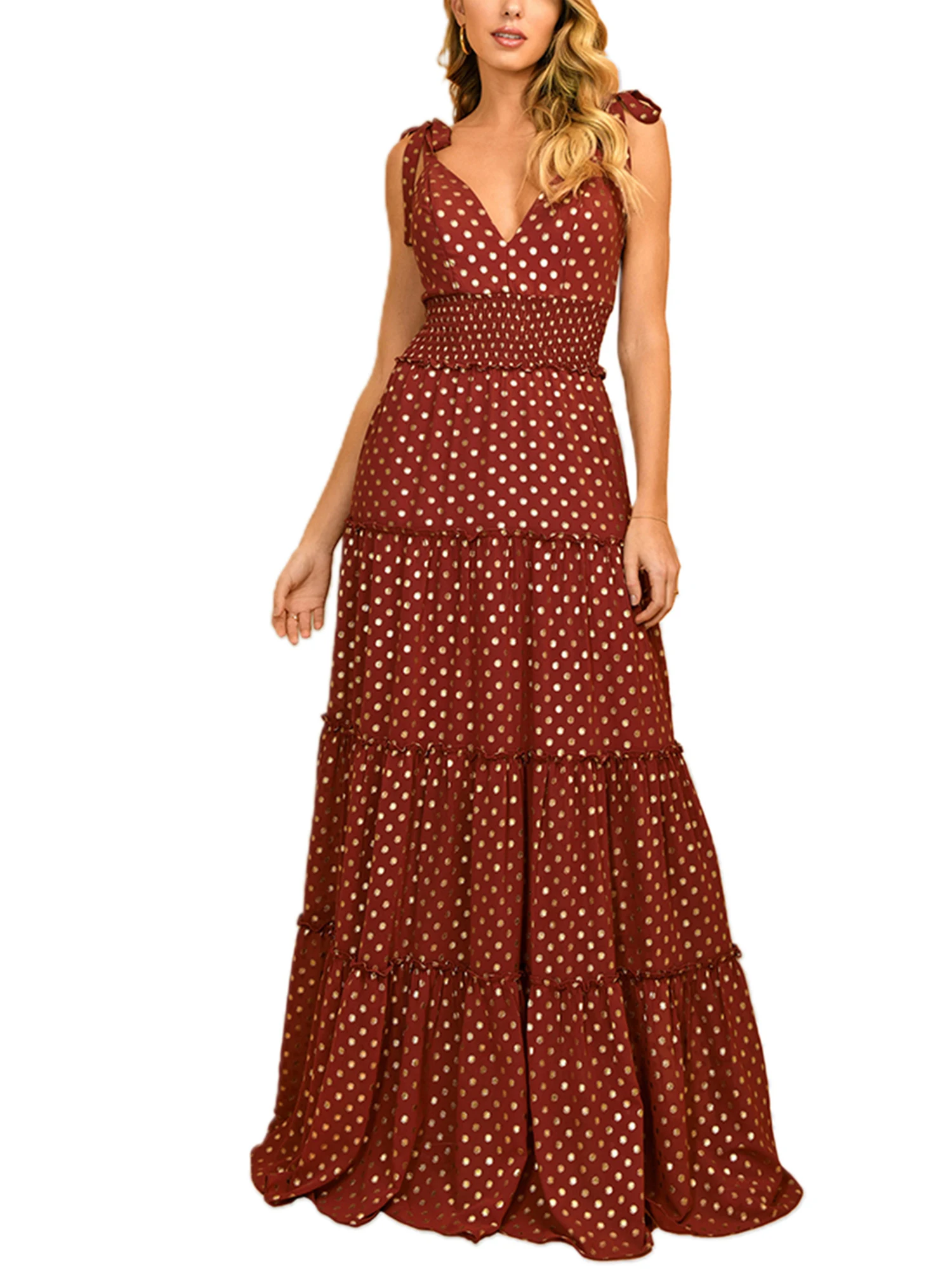 Womens Bohemian Tie Shoulder Strappy Swiss Dot Sleeveless V-neck Smocked Waist A Line Flowy Beach Long Sundress
Womens Bohemian Tie Shoulder Strappy Swiss Dot Sleeveless V-neck Smocked Waist A Line Flowy Beach Long Sundress