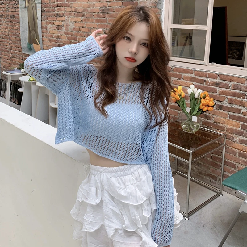 Lady Hollow Out Short Length Street Casual T Shirts Black Blue Female Loose Long Sleeve Knit T-shirt Summer Korean Fashion Cloth
Lady Hollow Out Short Length Street Casual T Shirts Black Blue Female Loose Long Sleeve Knit T-shirt Summer Korean Fashion Cloth