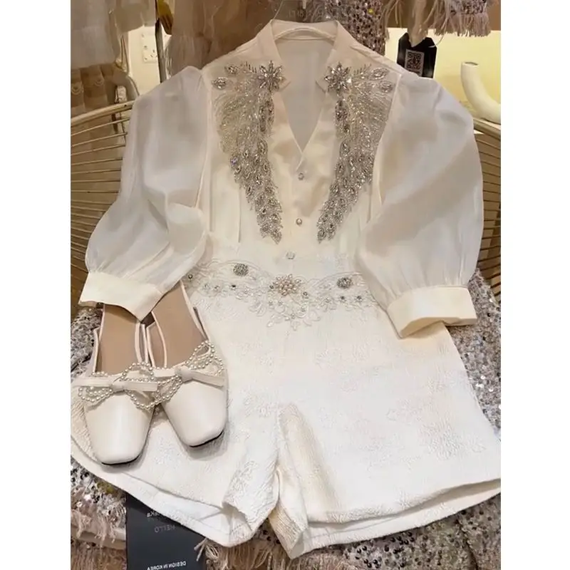 Jacquard Wide Leg White Shorts Korean V Neck Puff Short Sleeve Rhinestone Shirt Women 2 Piece Sets Spring Blouse Lady Tops
Jacquard Wide Leg White Shorts Korean V Neck Puff Short Sleeve Rhinestone Shirt Women 2 Piece Sets Spring Blouse Lady Tops