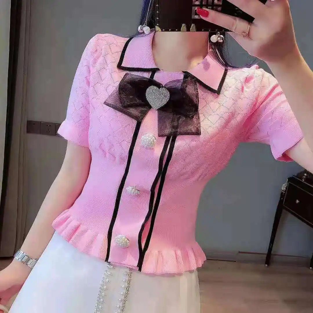 High Waist Bow Shirt Crop Tops Women Pullovers Summer Tops Hollow Out Knitted Shirts Ladies Lapel Short Sleeve Button Up Sweater
High Waist Bow Shirt Crop Tops Women Pullovers Summer Tops Hollow Out Knitted Shirts Ladies Lapel Short Sleeve Button Up Sweater