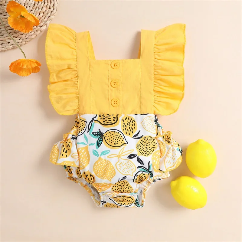 Baby Girl's Romper, Lemon Print Ruffle Trim Sleeveless Square Neck Backless Snap Crotch Infant Girl Bodysuit
Baby Girl's Romper, Lemon Print Ruffle Trim Sleeveless Square Neck Backless Snap Crotch Infant Girl Bodysuit