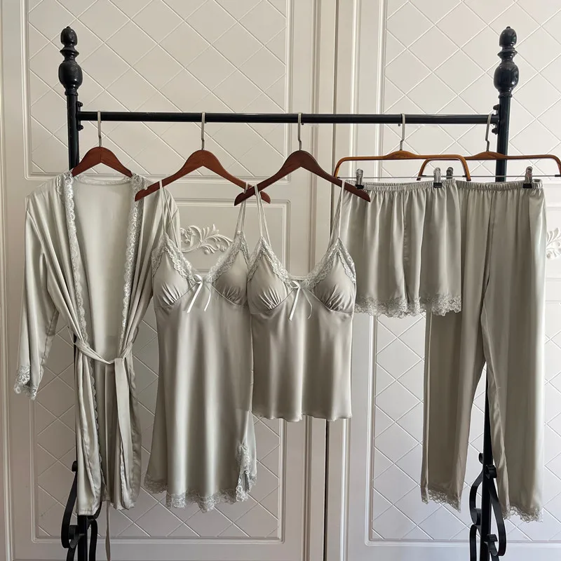 5PCS Pajamas Set New Summer Women Kimono Bathrobe Casual Silk Satin Nioghtgown Sexy Lace Trim Sleepwear Pijamas Suit Home Wear
5PCS Pajamas Set New Summer Women Kimono Bathrobe Casual Silk Satin Nioghtgown Sexy Lace Trim Sleepwear Pijamas Suit Home Wear