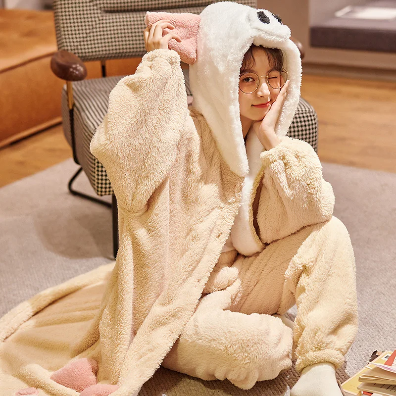 Woman Loose Version Pajama Set Flannel Two-piece Dress Cartoon Night Skirt Cardigan Medium Style Winter Sleepwear Sweet женский
Woman Loose Version Pajama Set Flannel Two-piece Dress Cartoon Night Skirt Cardigan Medium Style Winter Sleepwear Sweet женский