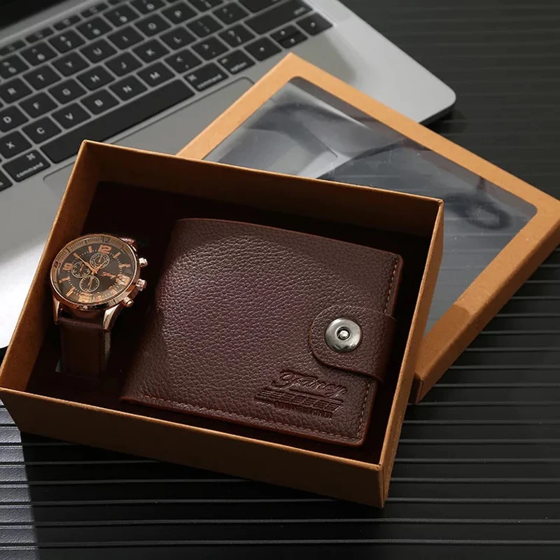

Men Watches High Quality Quartz Wrist Watch with Folding Clasp Leather Wallet Gift Set for Men Boyfriend Dad Father's day Gifts