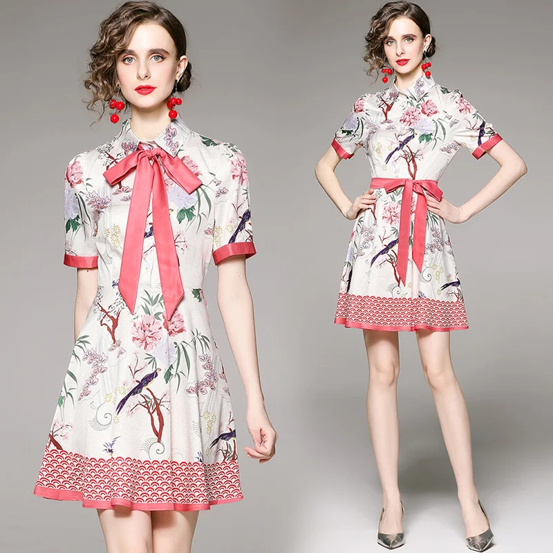Women's Summer New Polo Collar Short Sleeve Fashion Show Versatile Waist Slim Positioning Printed Holiday Beach Dress with Belt
Women's Summer New Polo Collar Short Sleeve Fashion Show Versatile Waist Slim Positioning Printed Holiday Beach Dress with Belt