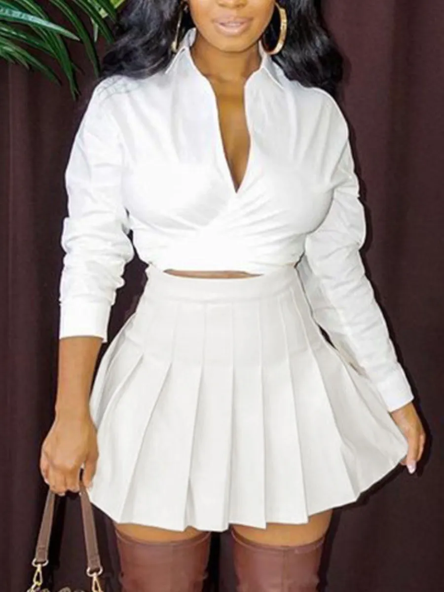 LW Plain Two Pieces Skirt Set Mandarin Collar V Neck Ruched Long Sleeve T-shirt&Mini Pleated Elastic Waist A line Dress 2pcs
LW Plain Two Pieces Skirt Set Mandarin Collar V Neck Ruched Long Sleeve T-shirt&Mini Pleated Elastic Waist A line Dress 2pcs