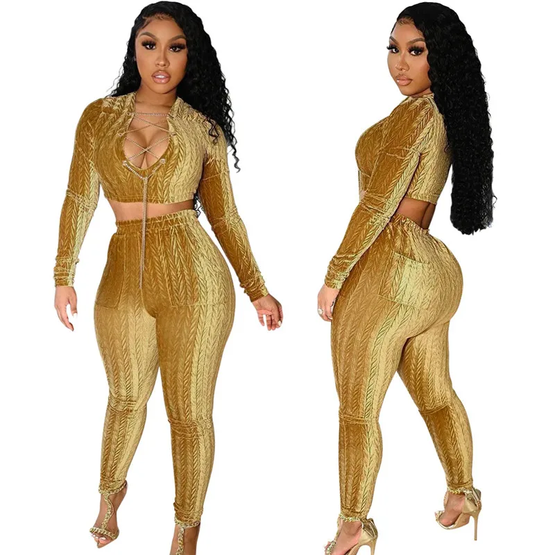 WUHE Sexy Velvet Two Piece Outfits for Women Birthday Night Club Matching Sets Chain Lace Up Crop Top Skinny Pants Set
WUHE Sexy Velvet Two Piece Outfits for Women Birthday Night Club Matching Sets Chain Lace Up Crop Top Skinny Pants Set
