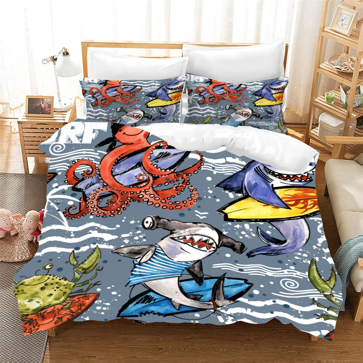 

Bedding Set for Kids Teens Boy,Underwater Sea Comforter Cover Shark Fish Duvet Cover King/Queen Size,Hawaiian Ocean Animal Theme