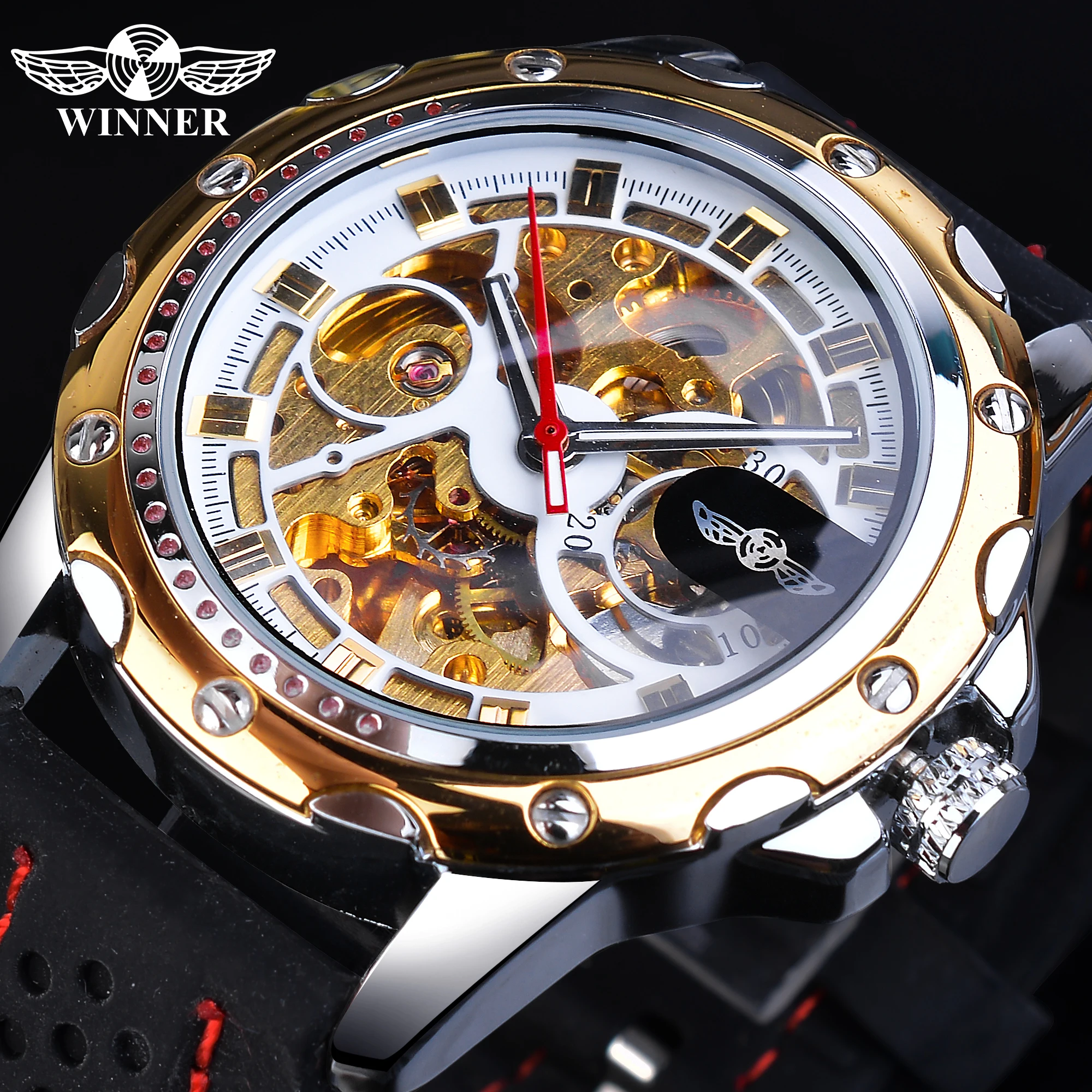 Free Shipping Winner Golden Skeleton Mechanical Watch Automatic Men's Steampunk Golden Transparent Silicone Belts Wrist Watches
Free Shipping Winner Golden Skeleton Mechanical Watch Automatic Men's Steampunk Golden Transparent Silicone Belts Wrist Watches
