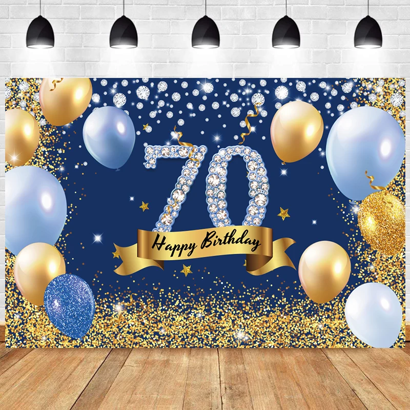 

Blue 70th Photo Backdrop For Woman Men Happy Birthday Party Balloon Seventy Years Photograph Background Banner Decoration Prop