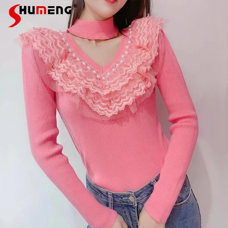 Women's 2022 Winter New Korean Fashion Sweet V-neck Knitted T-shirt Ladies Fairy Beads Lace Ruffled Stitching Hollow Out Sweater
Women's 2022 Winter New Korean Fashion Sweet V-neck Knitted T-shirt Ladies Fairy Beads Lace Ruffled Stitching Hollow Out Sweater