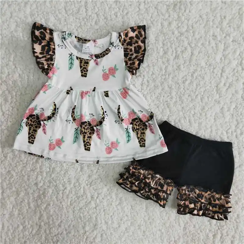 Wholesale Baby Girls Fashionable Summer Clothing Short Sleeve Cow Bull Shirt Black Leopard Ruffle Shorts Pants Kids Children
Wholesale Baby Girls Fashionable Summer Clothing Short Sleeve Cow Bull Shirt Black Leopard Ruffle Shorts Pants Kids Children
