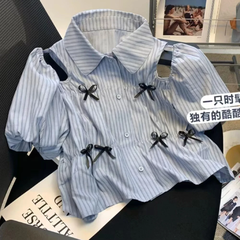 Blue Striped Bow Patchwork Shirts Blouses For Women Summer 2023 New Fashion Puff Sleeve Blouse Girls Shoulder Hollow Out Top
Blue Striped Bow Patchwork Shirts Blouses For Women Summer 2023 New Fashion Puff Sleeve Blouse Girls Shoulder Hollow Out Top