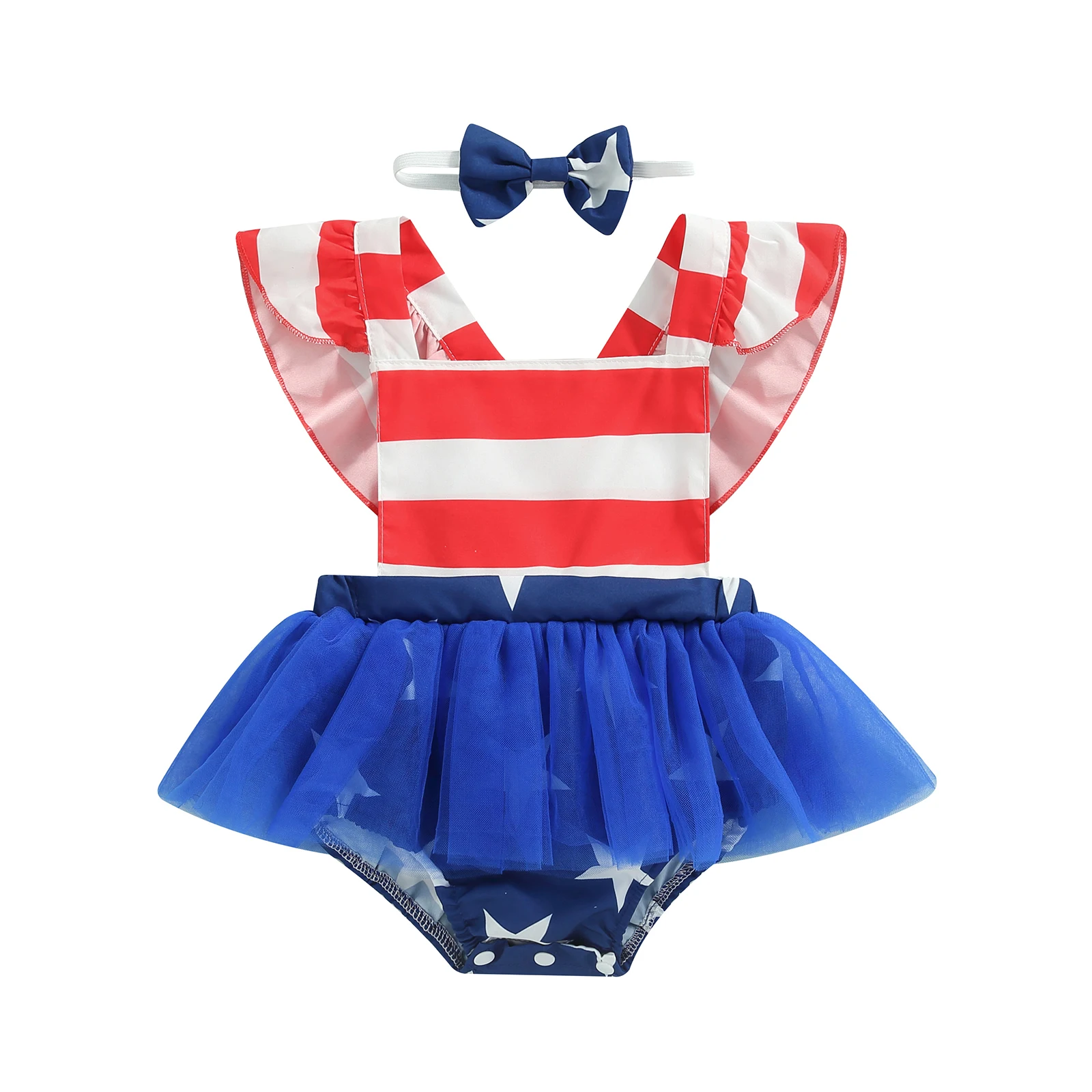 

Baby Girl Romper Independence Day Stars Stripes Print Sleeveless Mesh Embellished Hem Jumpsuit + Bow Headband