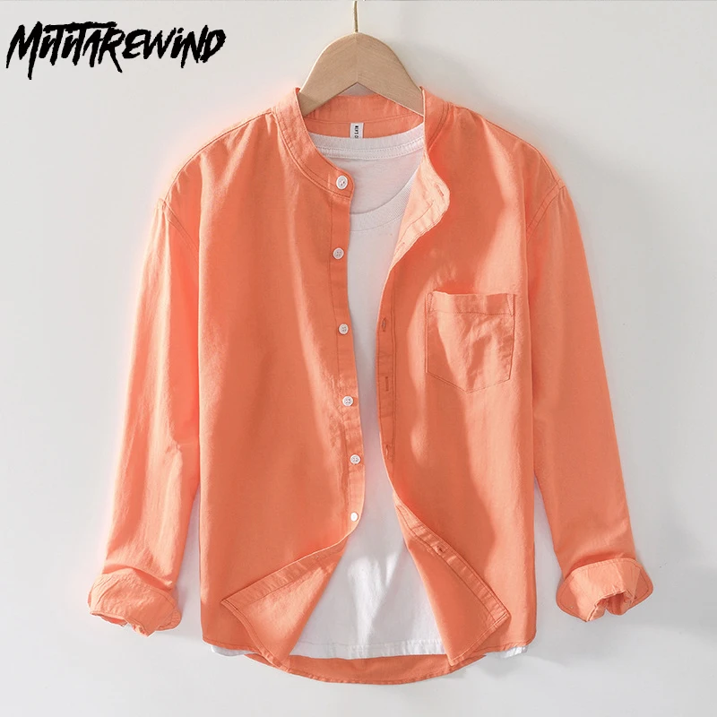 Осенняя мужская рубашка с длинным рукавом, хлопковые льняные повседневные рубашки, свободная свежая рубашка с воротником-стойкой и карманами, Японские футболки