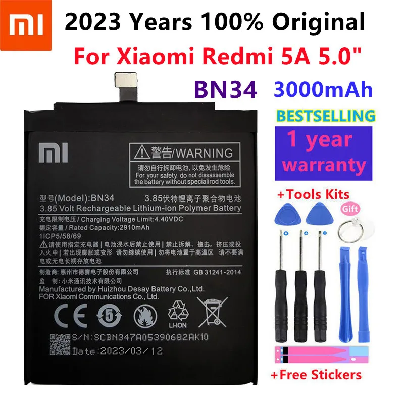 

Xiao Mi Original Phone Battery BN34 For Xiaomi Redmi 5A 5.0" Replacement Battery 3000mAh High Capacity Phone Batteries + Tools