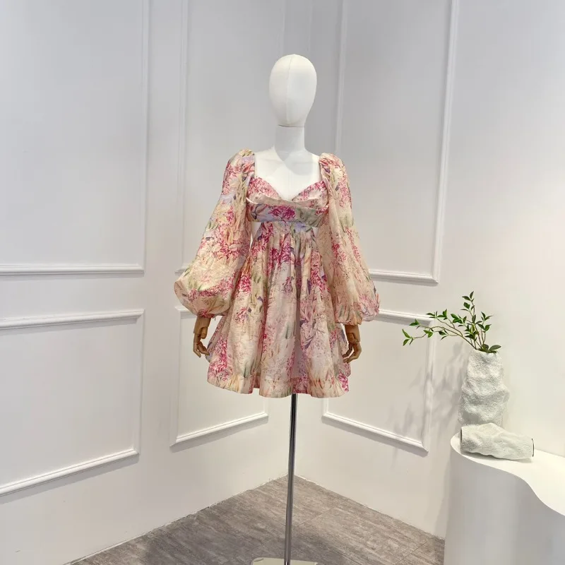 Linen Silk 2023 High Quality Spring Summer Vintage Long Lantern Sleeve Backless Floral Printing Folds Woman Mini Dress for Party
Linen Silk 2023 High Quality Spring Summer Vintage Long Lantern Sleeve Backless Floral Printing Folds Woman Mini Dress for Party