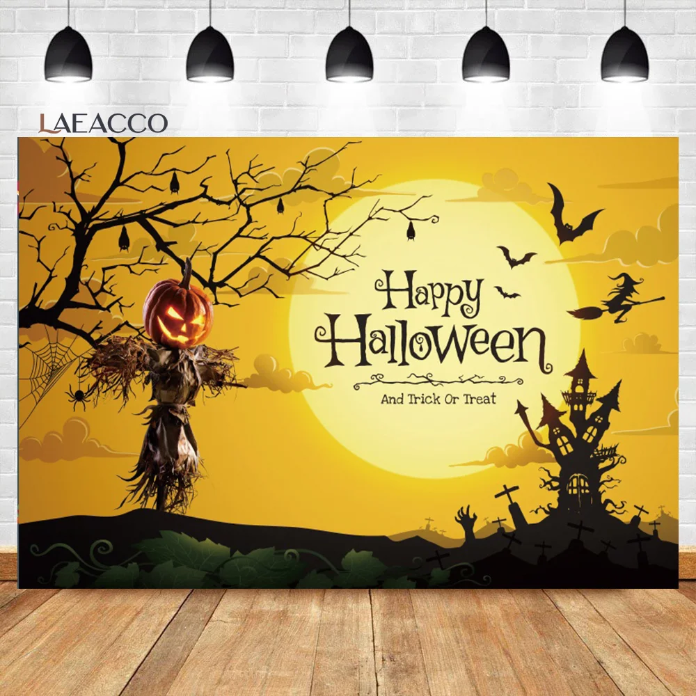 

Laeacco Happy Halloween Birthday Background Pumpkin Ghost Castle Full Moon Kids Trick or Treat Portrait Photography Backdrop