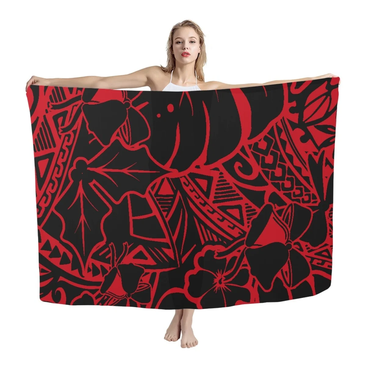 

HYCOOL Polynesian Tribal Red Hibiscus Print Hawaii Long Swimwear Cover Ups Popular Lavalava Sarong Dress Beach Women Summer 2023