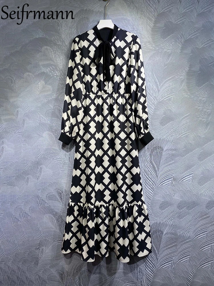 Seifrmann High Quality Summer Women Fashion Runway Long Dress Lantern Sleeve Bow Black White Print Patchwork Ruffle Trim Dresses
Seifrmann High Quality Summer Women Fashion Runway Long Dress Lantern Sleeve Bow Black White Print Patchwork Ruffle Trim Dresses